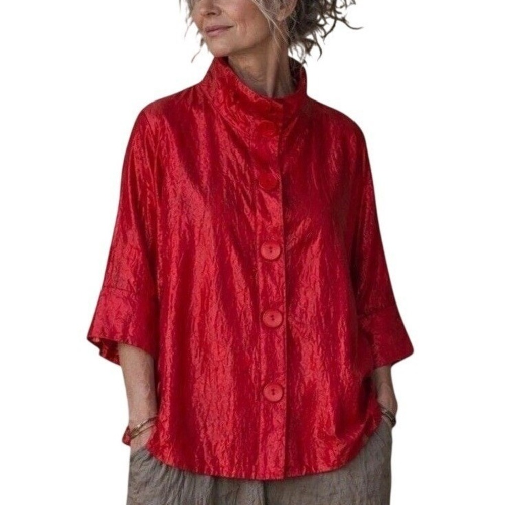 Damee‎ Wide  Wire Collar Swing Jacket  Shimmer Red Textured Size Medium